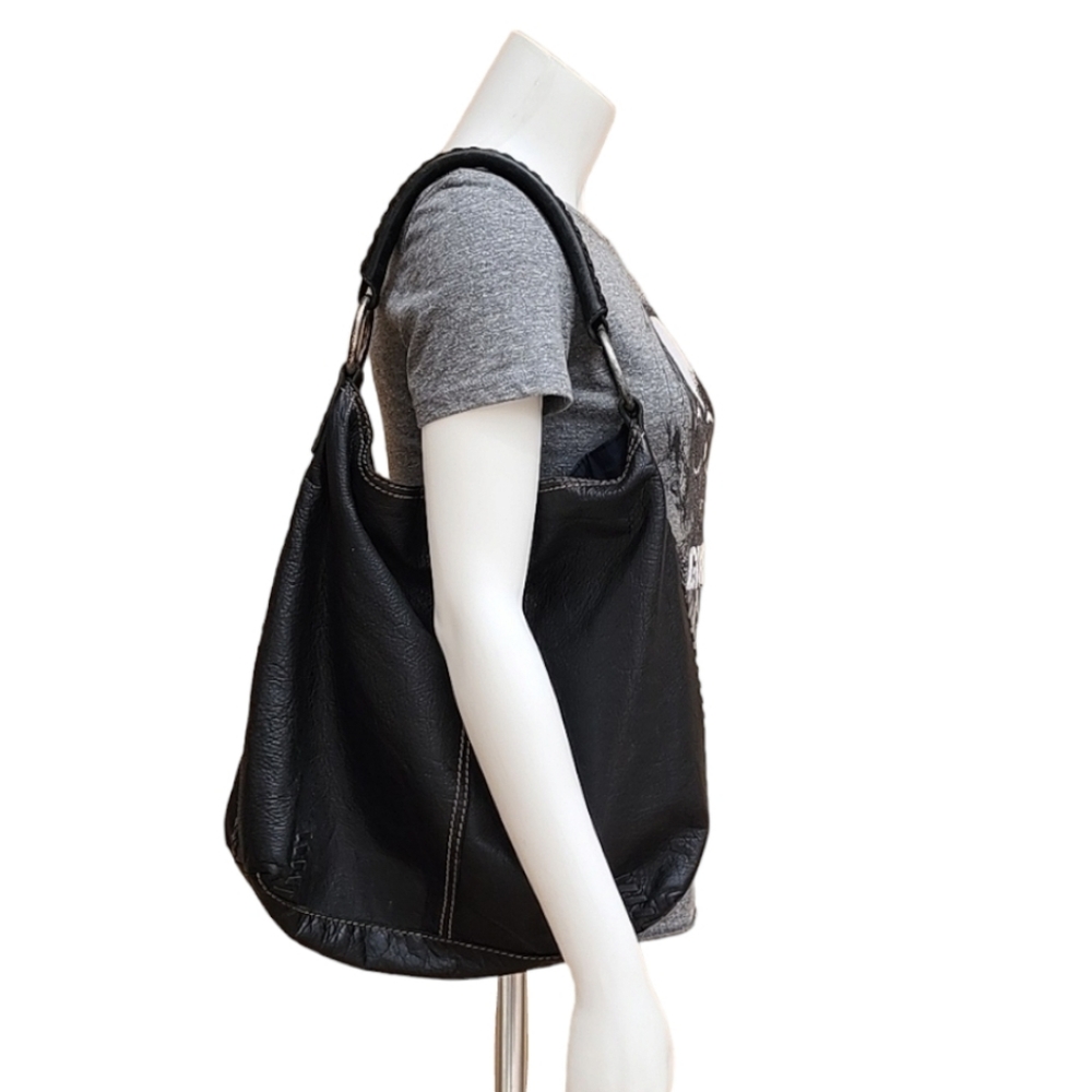 LUCKY BRAND Whipstitch Black Pebbled Leather Hobo Shoulder Bag Studs VINTAGE Y2K - Picture 16 of 16